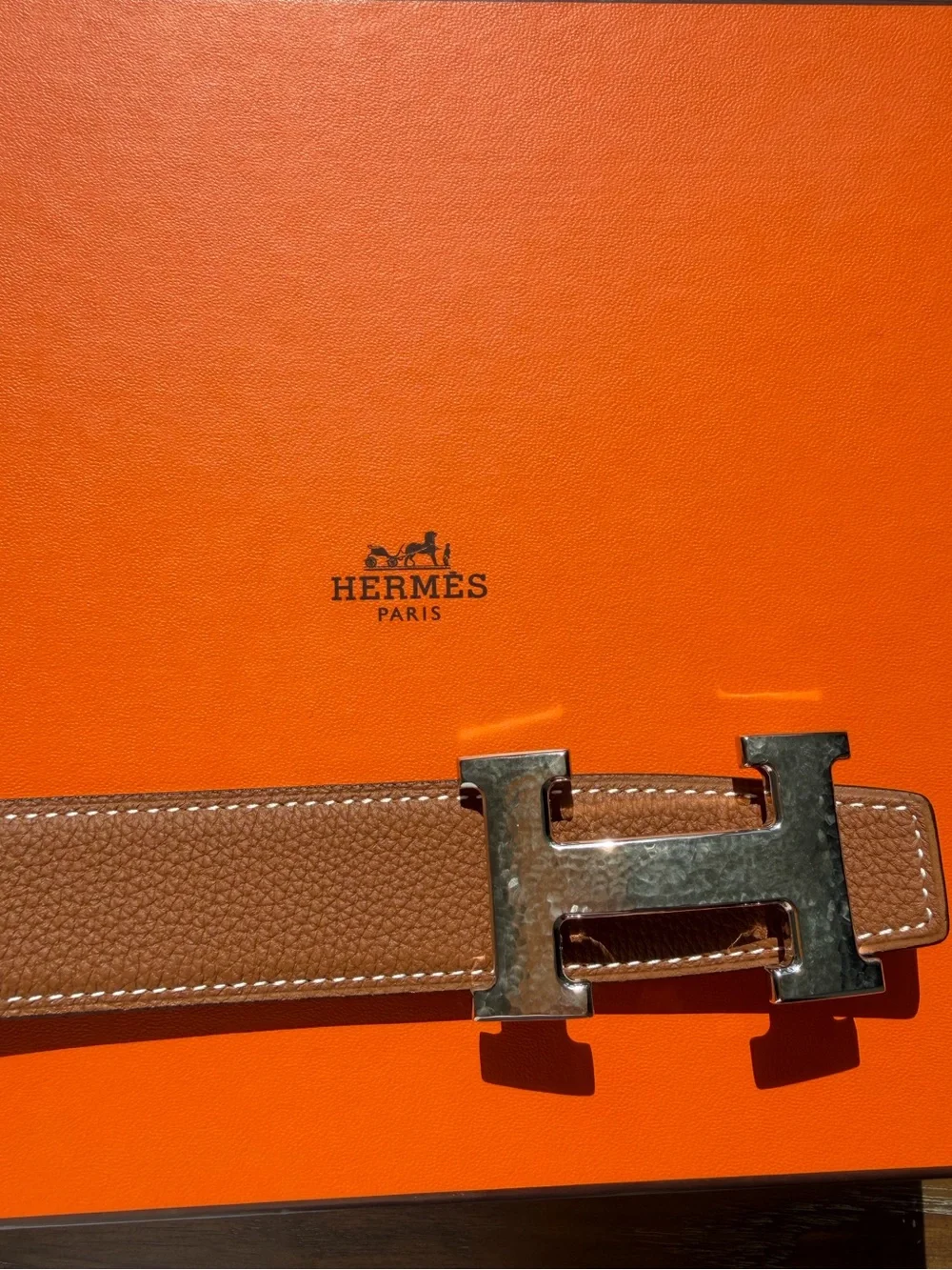HERMES Men’s H Martelee belt buckle & Reversible leather strap 32 mm belt NWT